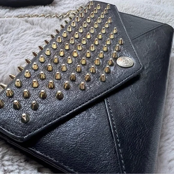 Rebecca Minkoff Crossbody Bag Studded Chain Black Leather Gold Biker Grunge Rock - Picture 9 of 16